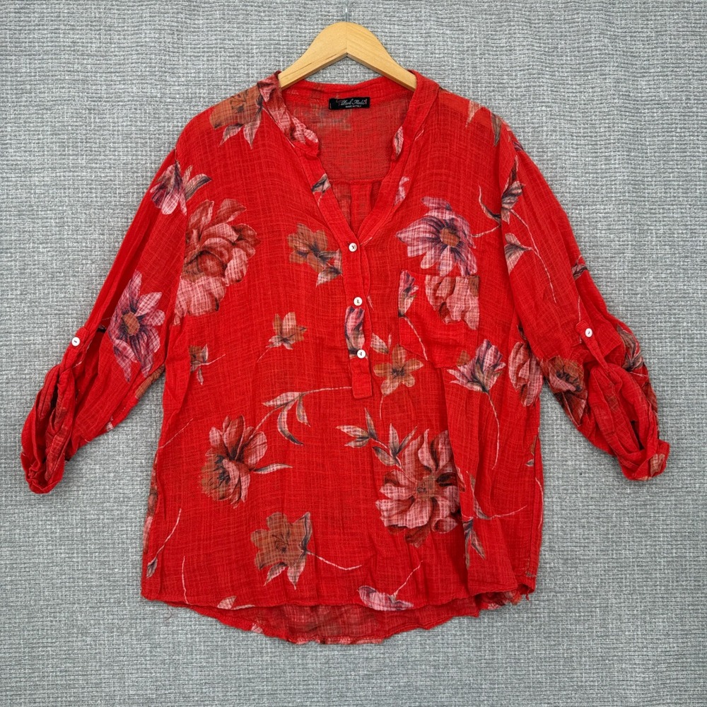 Park Moda Floral Blouse Roll Tab Sleeve Button Up Lightweight Red Sz S Boho‎
